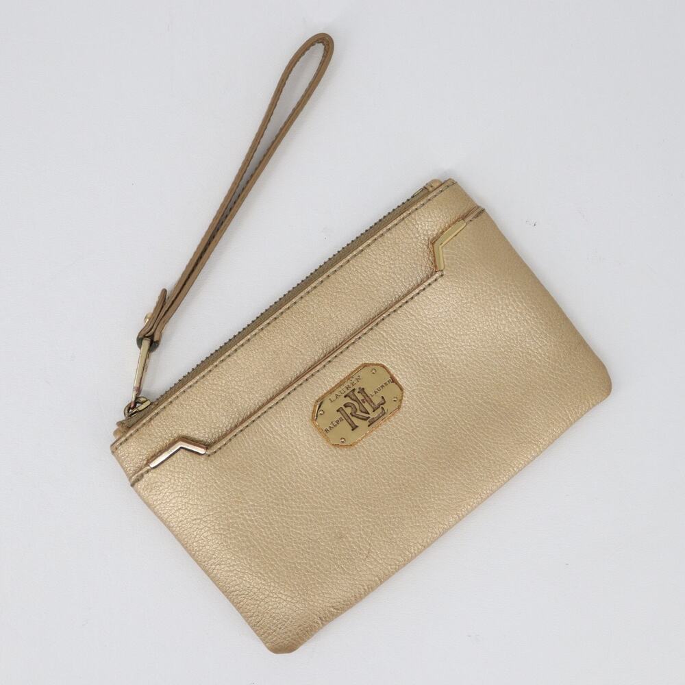 Lauren Ralph Lauren Wristlet Handbag Women Tan Leather Lined Purse Shoulder Bag